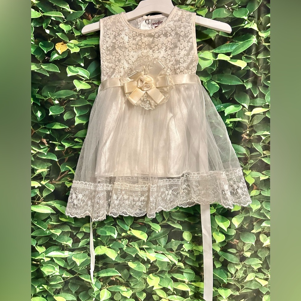 Vintage Babylon Satin Baptism Dress  Sleeveless Lace Off White Infant 0-3M